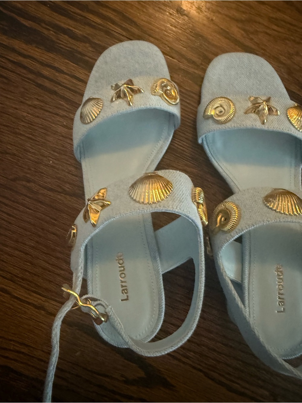 Larroude Light Blue Women’s Brand New (never worn) heels with Gold Shell Accents